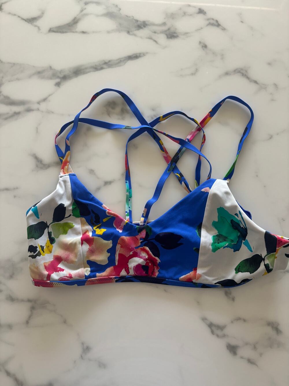 Athleta Cobalt Blue Floral Colorblock Strappy Crossback Bikini Swim Top Womens M